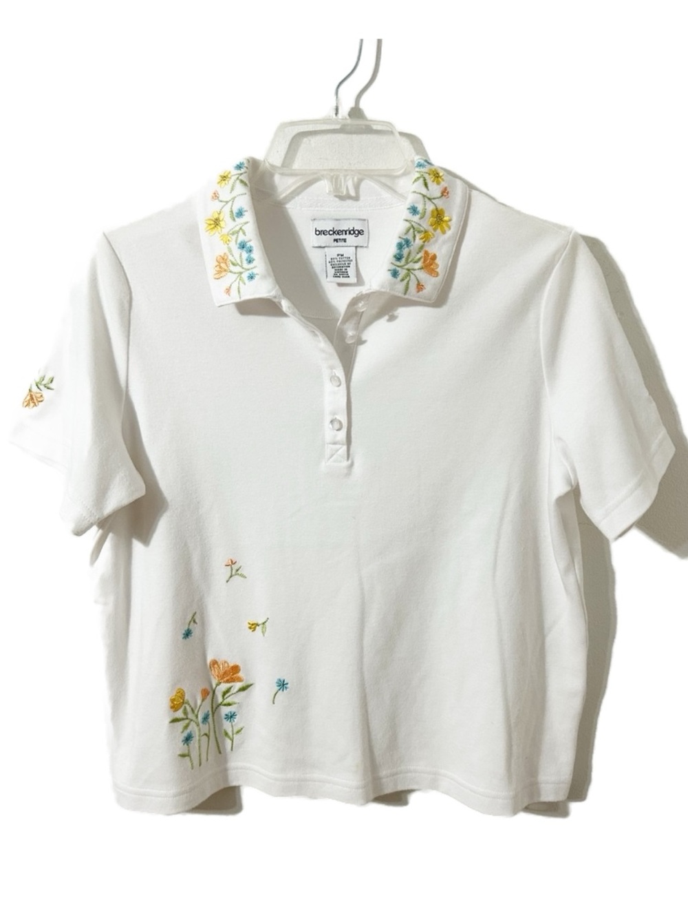 Vintage 90s/Y2K Breckenridge Petite Floral Embroidered Polo PM White Cottagecore